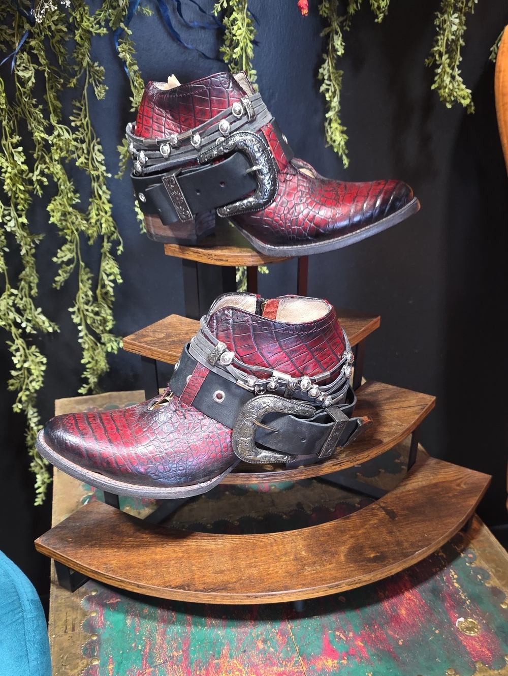Freebird Saloon Distressed Red  Croc-Embossed Leather Ankle Boots with Buckle
